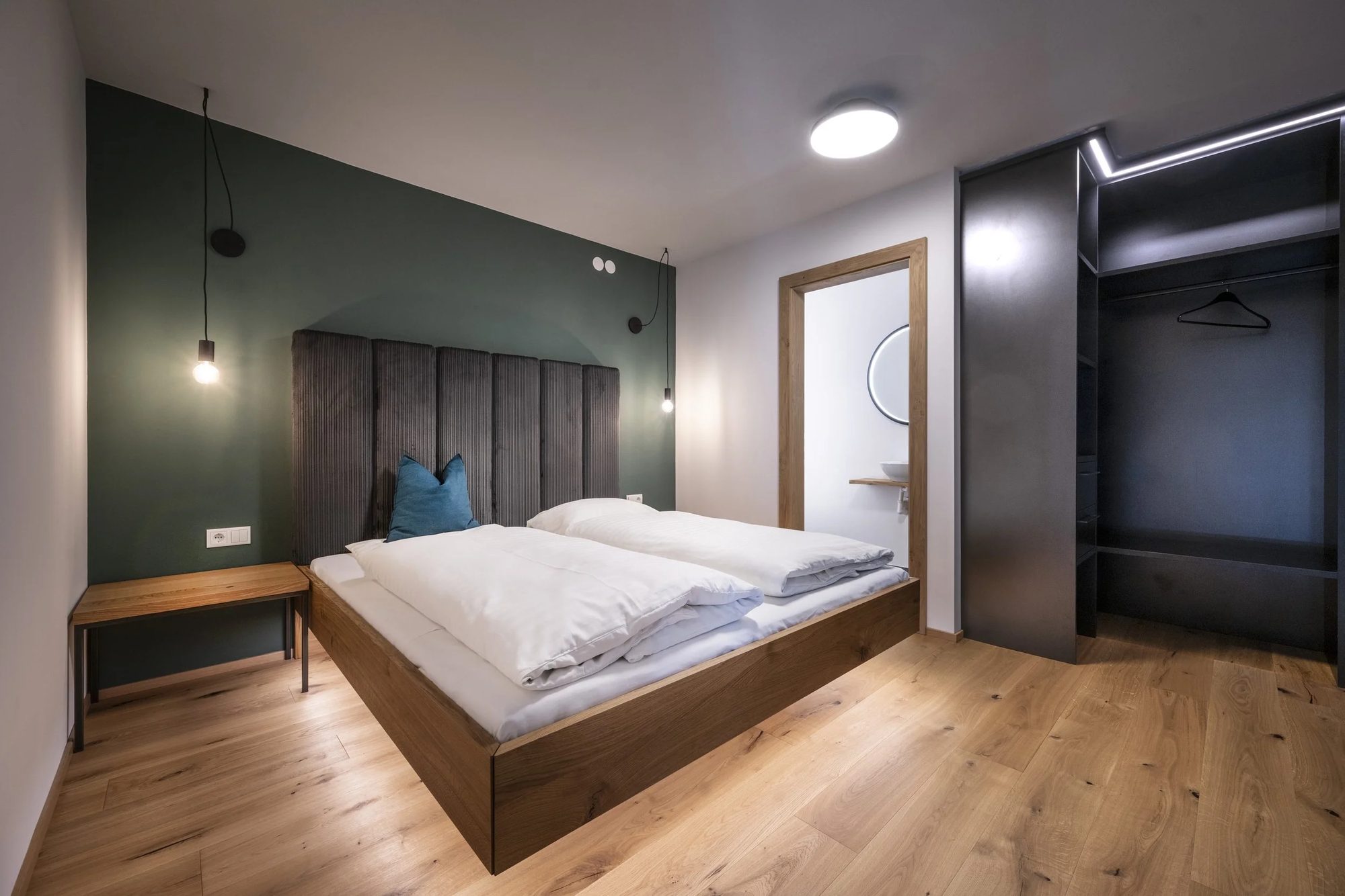 Modern bedroom with a wooden bed frame