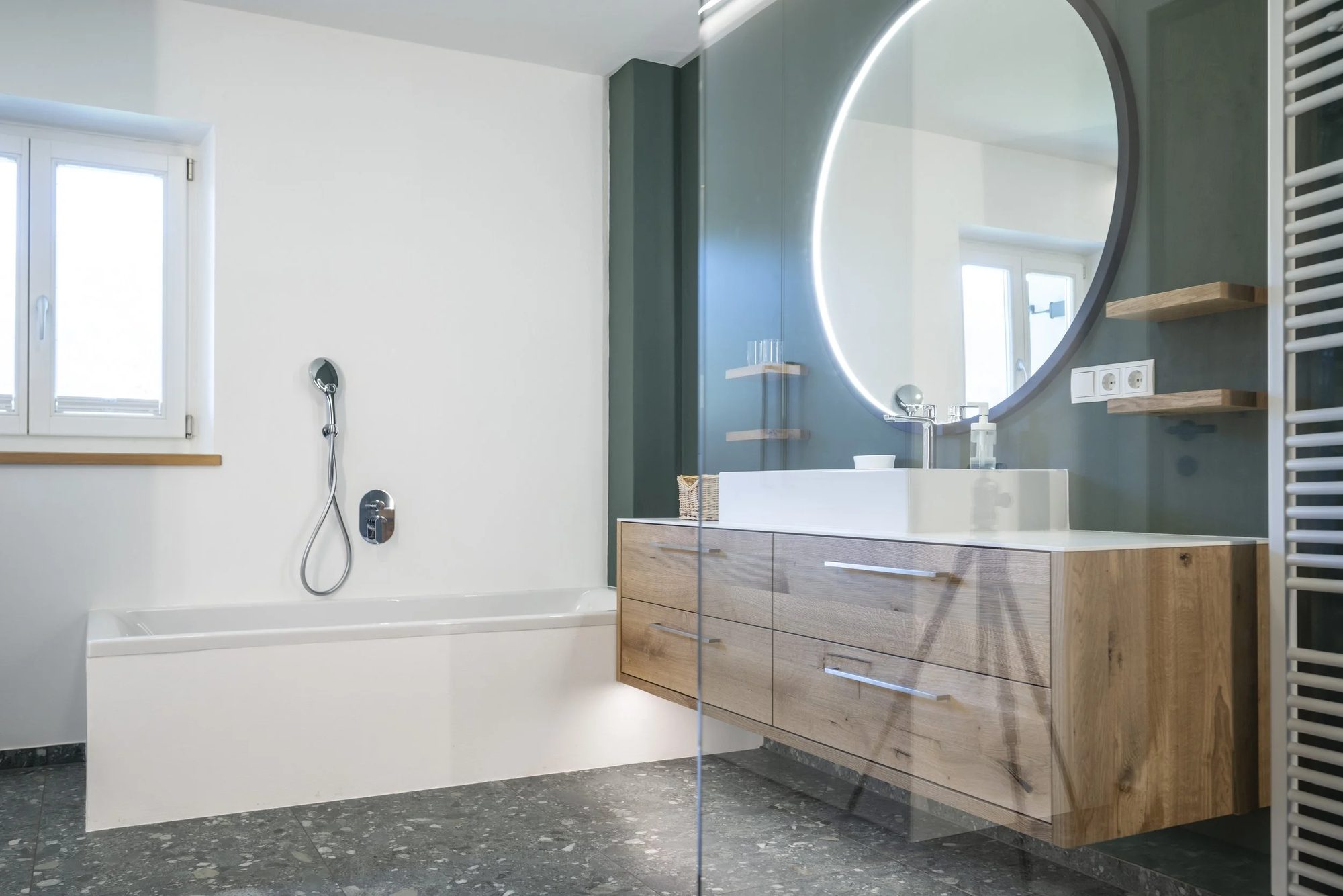 Modern bathroom with a white bathtub