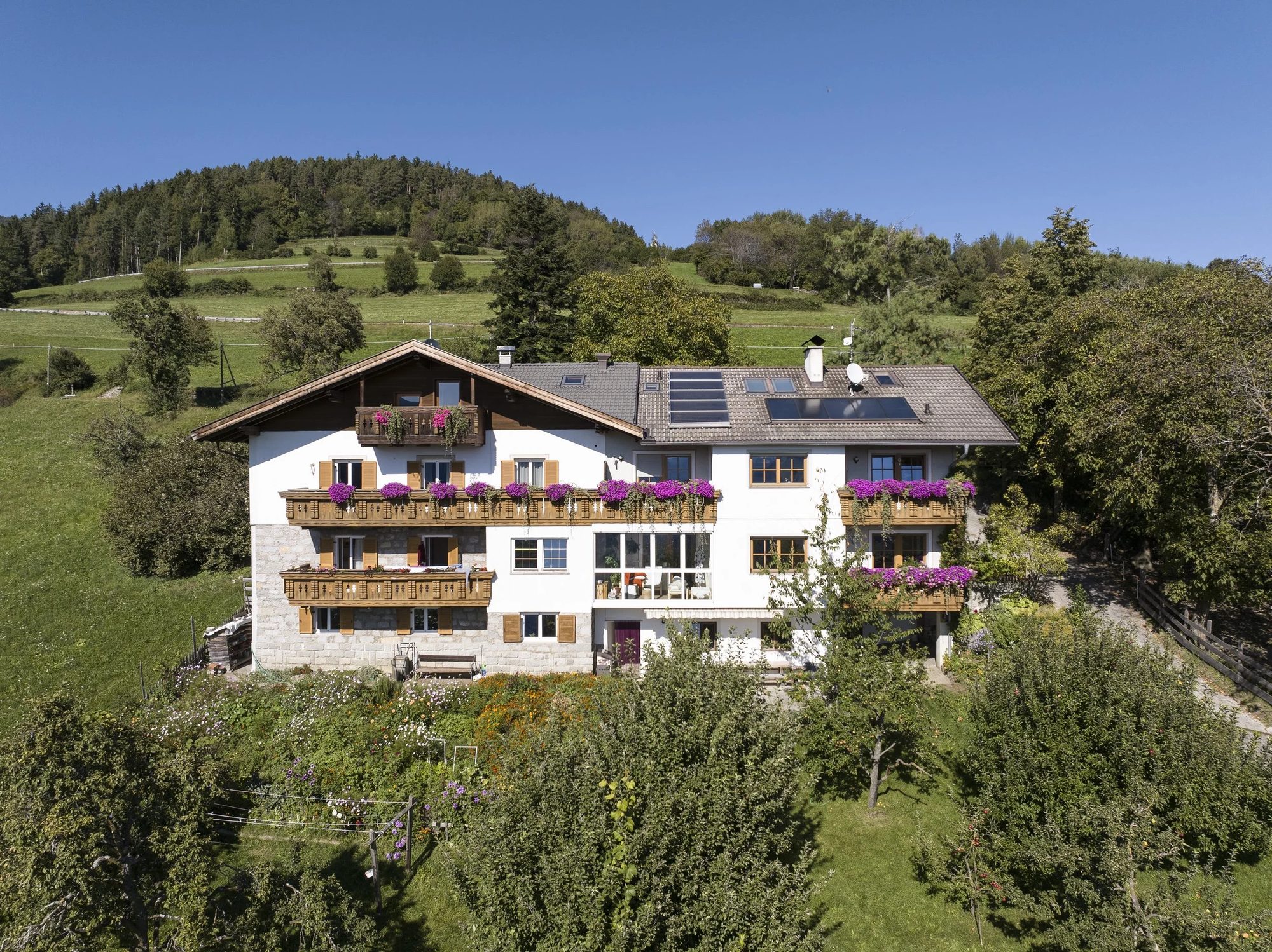 Aerial view of Haus Sonnegg among alpine meadows and forest